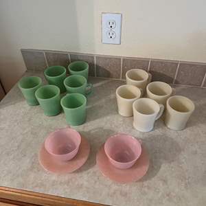 Lot #28 - Fireking Cups, Green, pink, white