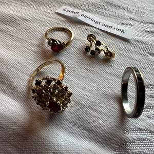 Lot #73 - 3 Gold fill rings with Garnet colored stones, 1 pair of garnet colored stone earrings