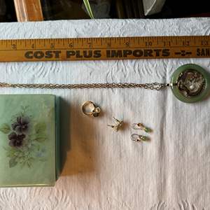 Lot #74 - Stone box, 18k Gold filled pearl and jade? ring, butterfly posts, jade? like, nice but costume jade? pendant, 