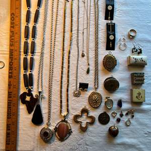 Lot #81 - 8 vintage costume necklaces, 4 pr earrings, 3 lockets, 3 pill boxes, 1 18k HGC ring missing stone, 9 pendants, 2 pins