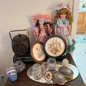 Lot #256 - Collection of dolls, silver colored hair brushes, Digital radios as pictured