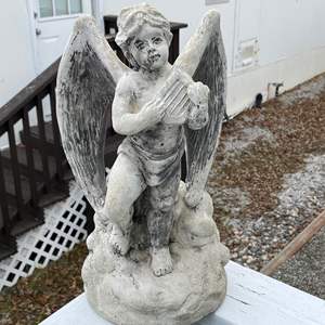 Lot #330 - Cement Cupid with Harp (signed)