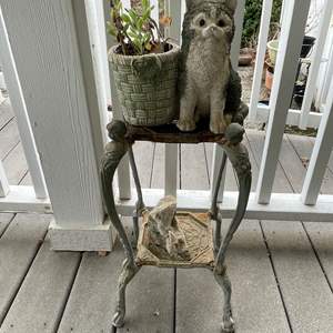 Lot #334 - Metal Stand, cat planter, rock