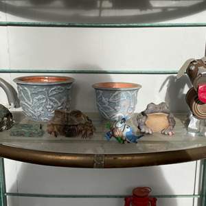 Lot #347 - Small pots, frogs, bluejays, tin can dog