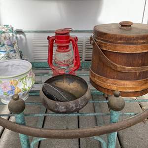 Lot #349 - Wood cookie jar, lantern, bowls, faerie decor