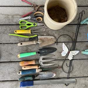 Lot #351 - Gardening Hand tools & Crock