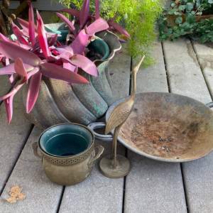 Lot #357 - Brass planters & stork figurine 