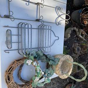 Lot #395 - 2 Metal racks, wicker basket, 2 wreaths