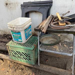 Lot #409 - Small metal table, sawhorse, milk crate, crowbar, misc.