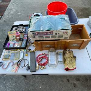 Lot #417 - Misc. hardware, plastic tubs, weedeater wire, glass jars, wood boxes