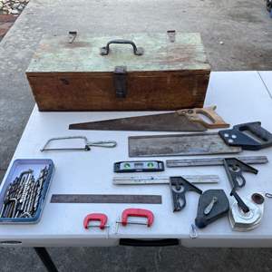 Lot #424 - Saws, clamps, squares, torpedo lvel, chalk line markers, drill bits, wood tool box