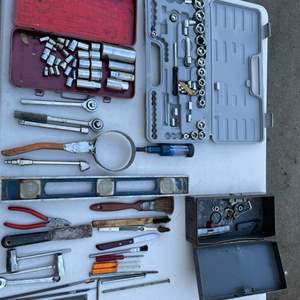 Lot #425 - Sockets, ratchets, files, levels, metal box, misc. tools