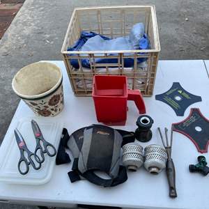 Lot #431 - Tarps, flower pot, scissors, sprinklers, knife pads, garden claw, seeder, edger blades