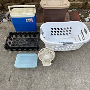 Lot #444 - Small trash can, laundry basket, ice chest, plastic container, soda crate