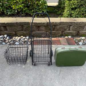 Lot #445 - Rolling Basket, 2 wine baskets, suitcase with Madera Newspapers c. 1940's