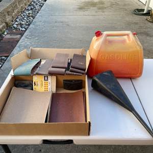 Lot #452 - Sandpaper, gas can(no lids), funnel, 