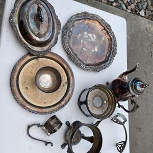 Lot #469 - Silver plate trays, tea pot, small chaffing dish & stands