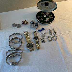 Lot #83 - 6 watches, 5 earrings, 3 cufflinks, 1 boxed set mother of pearl, working condition unknown