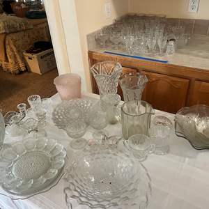 Lot #146 - Clear glass and Fostoria Old beer pitcher, deviled egg plate