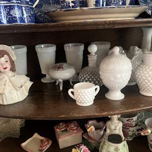 Lot #155 - Mostly white Fenton and other shelf 4 of cabinet