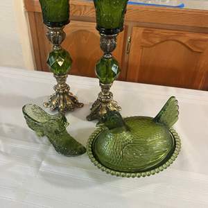 Lot #160 - Green glass candlestick, chicken and boot