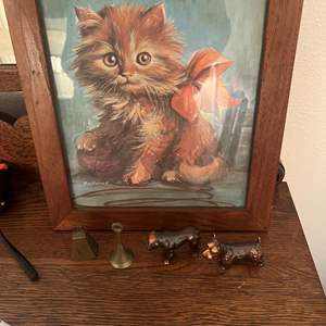 Lot #192 - 2 metal dogs, brass bells vintage cat print