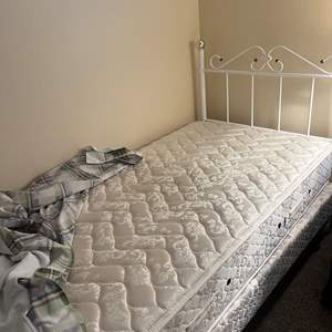 Lot #200 - Single bed mattress, frame and linens as pictured