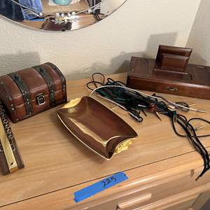 Lot #227 - Dresser top accessories, bolo ties (most don't have sliders), tie holder, change dish