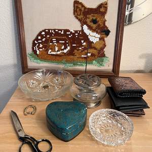 Lot #228 - Fawn picture, wallets etc, dishes