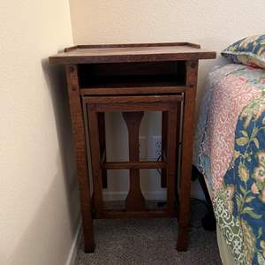 Lot #235 - Really cool marked "Cushman" Old phone table & attached chair