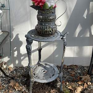 Lot #312 - 2-Tiered Plant Stand & Metal pitchers / flowers