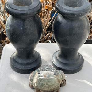 Lot #326 - Ceramic frog and pair of heavy ceramic vase/urn