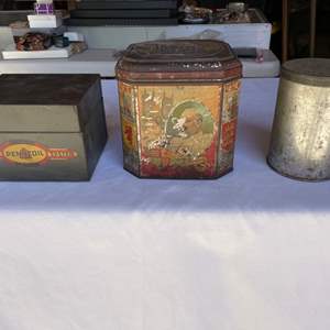 Lot #51 - Antique tea tin, old Pennzoil file box 