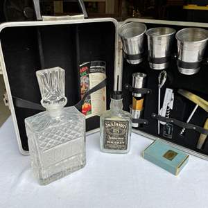 Lot #64 - Travel bar set, scotch decanter, vintage Jack Daniels bottle