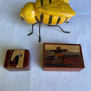 Lot #124 - 2 Inlaid Wooden boxes and ceramic bee box