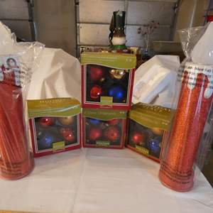 Lot #655 Ornaments plus Two Large Mr Christmas Light Up Candles