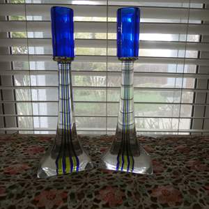 Lot #446 Cobalt/Clear Candlesticks~Latticinio~James H Nadal, Master Glass Artist