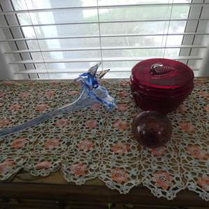 Lot #454 Blue Glass Flower plus Cranberry Red Leaf Bowl