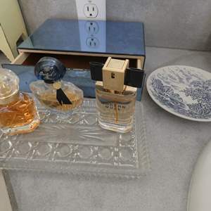 Lot #535 Fragrance, Mirrored Box, plus Pressed Glass Tray