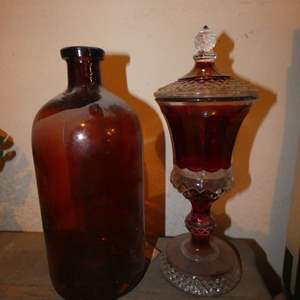 Lot #714 Glass Jar w Lid plus Amber Glass Bottle (VTG)