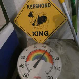 Lot #722 Sunbeam Outdoor Thermometer plus Keeshond Crossing Sign