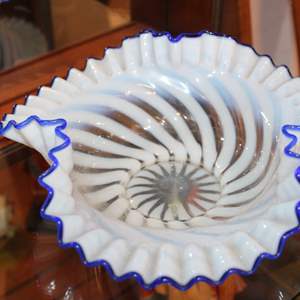 Lot #94 Fenton? Blue & White Swirl Ruffled Glass Bowl