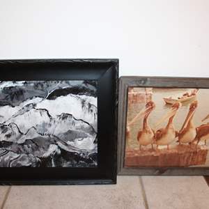 Lot #134 Lot of 2 Framed Art- Abstract & Pelicans