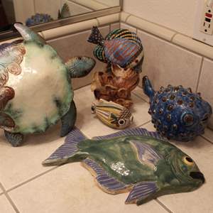 Lot #139 Lot of Art Pottery Fish (signed) + Metal Turtle & More