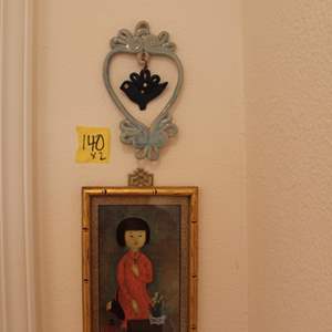 Lot #140 Lot of 2 Items- Small Framed Art, Ceramic Wall Hanging