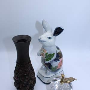 Lot #239 Lot of 3 Items- Ceramic Rabbit, Wood Vase, Glass Apple