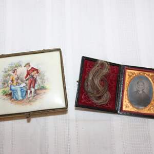 Lot #258 Vintage/Antique Hairholder Frame + Colonial Theme Trinket Box