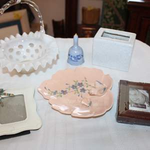 Lot #261 Lot of Items- Fenton Basket, Picture Frames + More