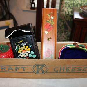 Lot #262 Lot of Items- Berry Bowls, Glass Strawberry, Old Kraft Box + More