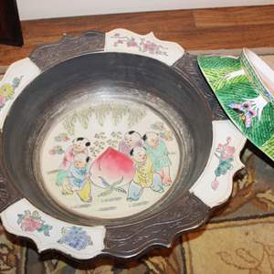 Lot #283 Vintage Asian Large Ceramic & Metal Bowl + Planter/Container 